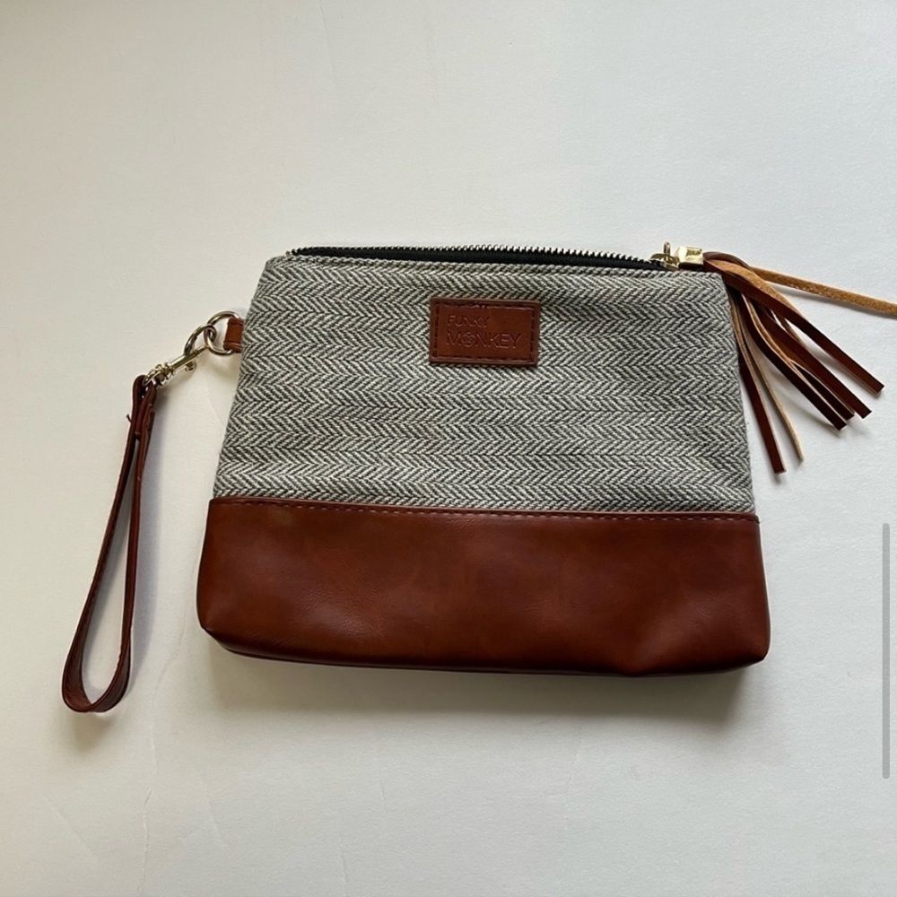 Funky Monkey Clutch Herringbone Gray & Faux Leather Purse 8.5”x6.5” Bag